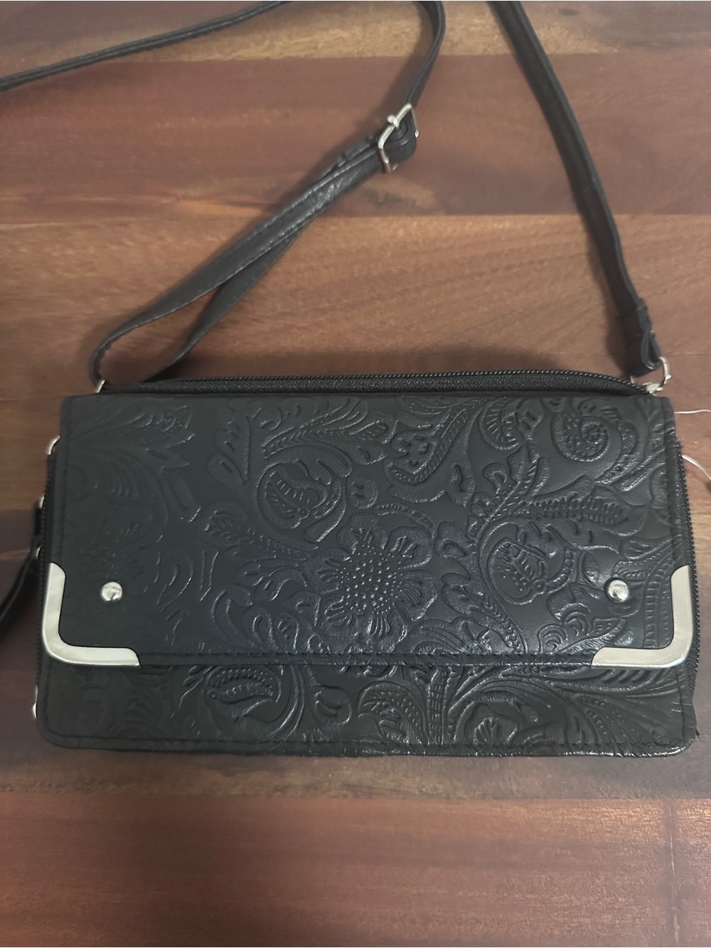 Black Genuine Leather Embossed Crossbody Bag with Silver Accents NWT